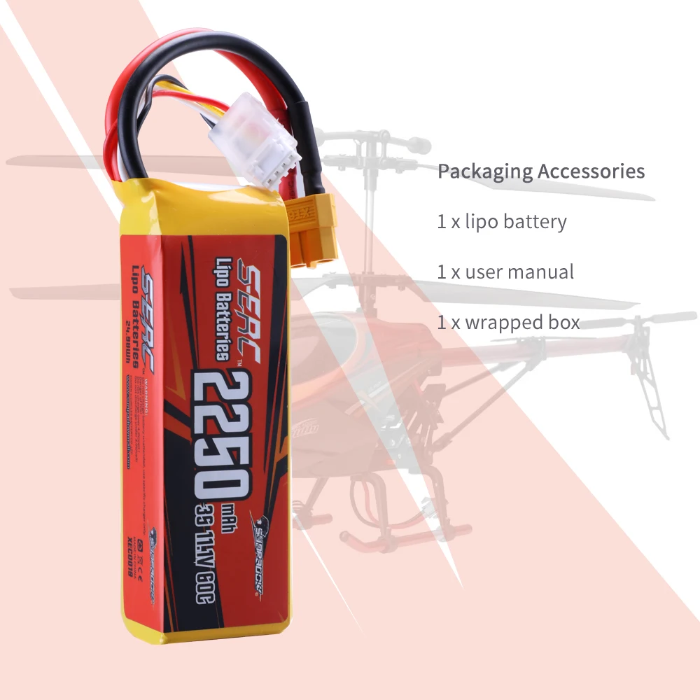 SUNPADOW-batería Lipo de 11,1 V 3S RC para 60C, 2250mAh, con enchufe XT60 con Rcing, avión, Quadcopter, helicóptero, Dron, FPV, barco, 2 paquetes