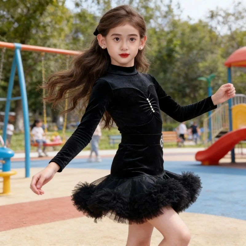 Girls Professional Latin Dance Practice Set Kids Winter Long Sleeve Velvet Latin Dance Costume for Competition Performance