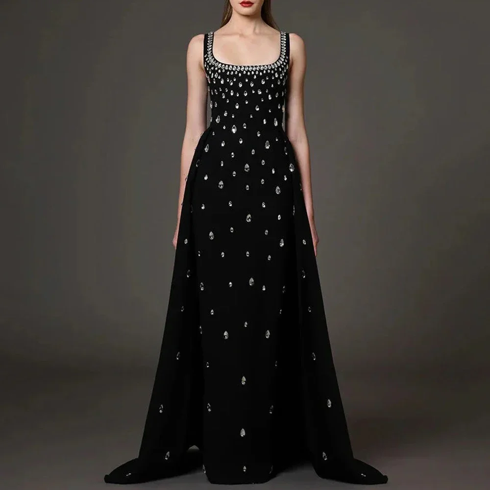 

Black Square Collar Sleeveless Prom Dress Straight with Sweep Train Crystal Women Banquet Party Customized Zipper Gowns Robe