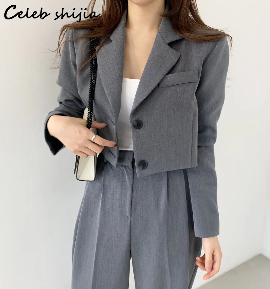 

Chic Gray Blazers + High Waisted Pants Women 2023 Autumn Elegant 2 Piece Sets Office Ladies Business Long Sleeve Pant Suits OL