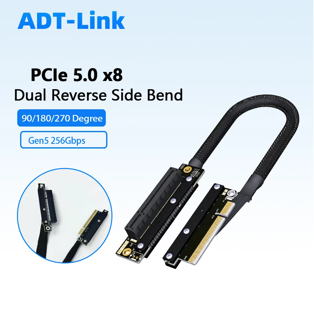 PCIe 5.0 X8 Gen5 Dual Reverse Bend Riser Cable 256Gbps Lossless Ribbon Anti-Interf Gold Plated Connector GPU NIC NVMe SSD PC NAS
