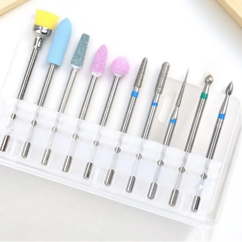 Set di punte per trapano per unghie da 10 pezzi Strumenti elettrici professionali per manicure per lucidatura del gel Lime per unghie Frese Accessori di rotazione
