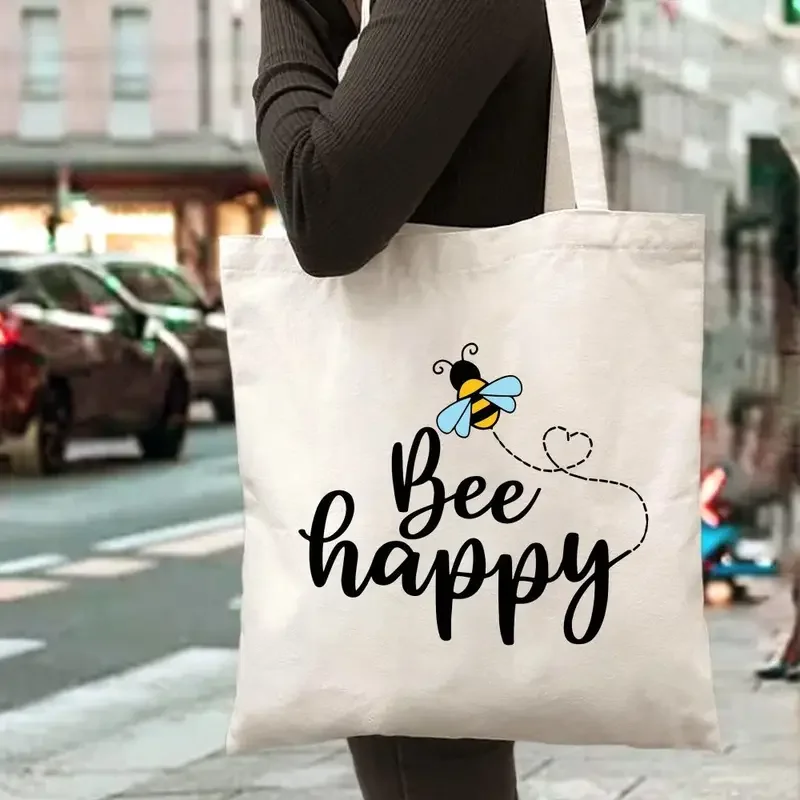 1pc Bee Happy Canvas Design Tote Bag Durable Friendly Shopping Bag For Women And Men Work Commute Perfect For Daily Use Gift