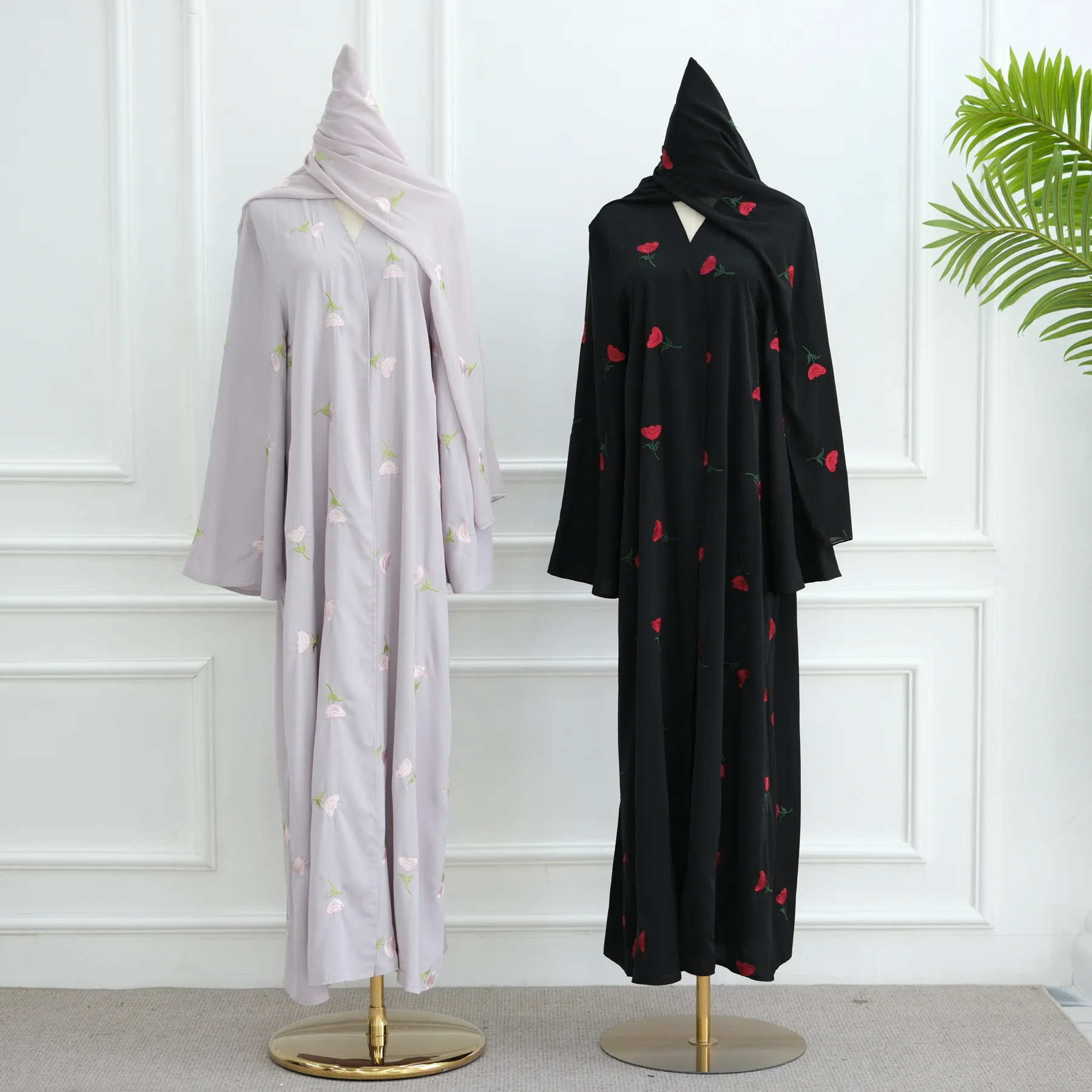 Uni Abaya 2025 vêtements pour femmes nouvelle broderie luxe Style dubaï avant ouvert Abaya avec Hijab 2 pièces ensemble vêtements islamiques