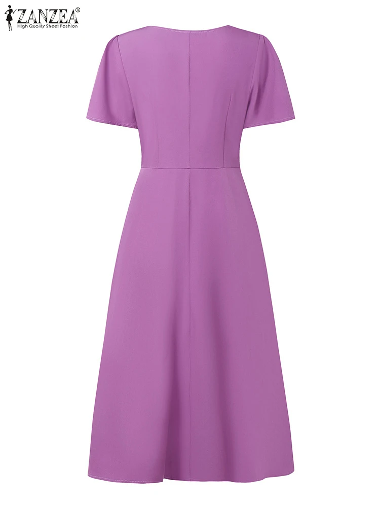 فساتين عمل مكتبية أنيقة برقبة على شكل V من ZANZEA للنساء 2025 فستان صيفي بطيات متينة فستان صيفي بأكمام قصيرة رداء للحفلات على شكل حرف A #5