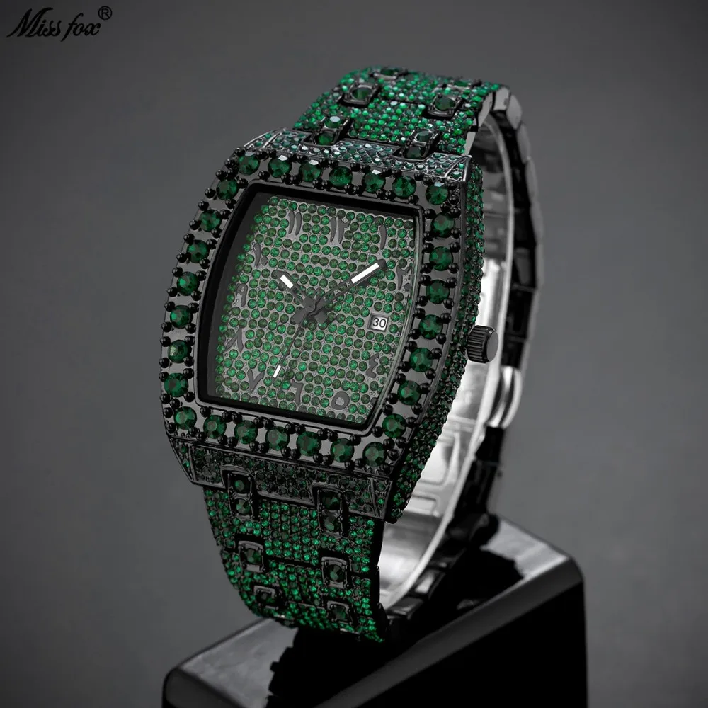 Top Luxury Watches Men Fashion Brand MISSFOX Hip Hop Diamond Bling Tonneau Quartz Wristwatches Business Lced Out Men Clocks 2026