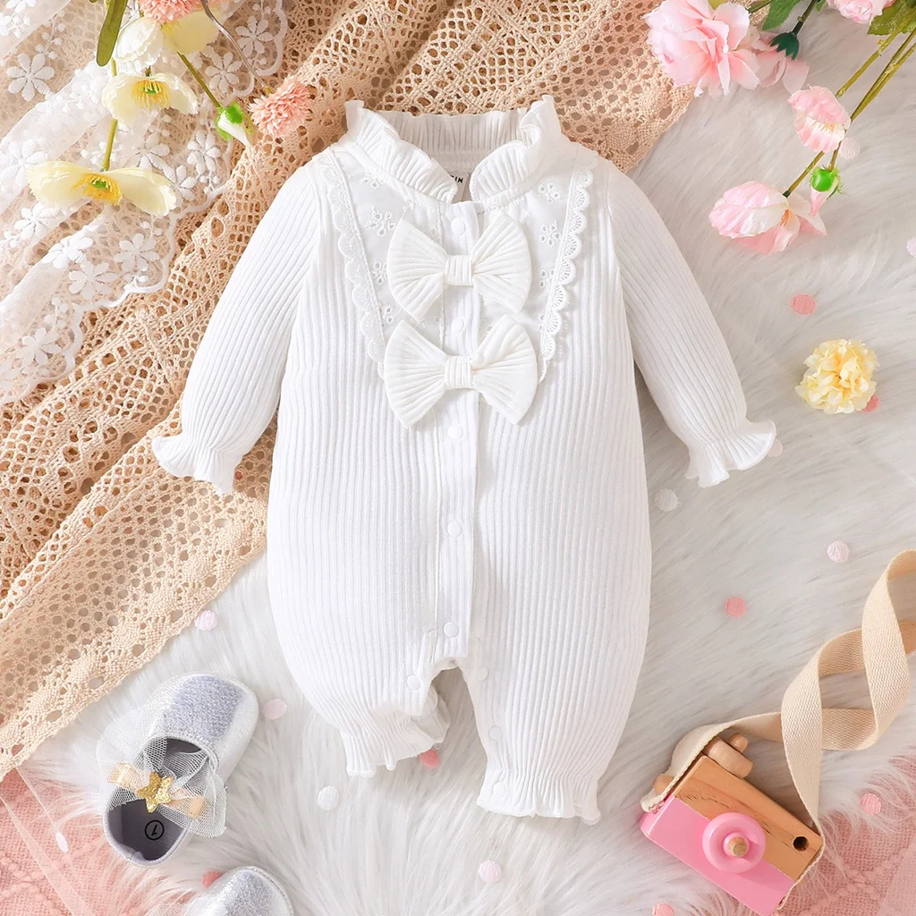 Baby Girl Newborn Onesies Romper 0-9Months Cute Bow Tiny Button Toddler Clothing Infant Long Sleeve Jumpsuit