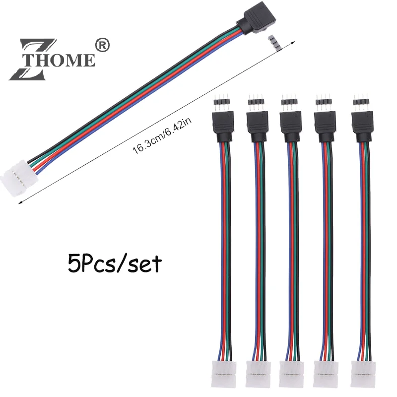 5Pcs 5050 LED RGB Strip Light Connector 4 Pin Conductor Strip To Controller Jumper Solderless Clip On Pigtail Power Adapter