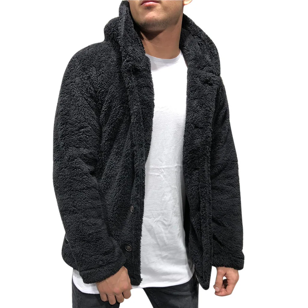 

New Autumn Winter Hooded Coat Men's Plush Hooded Jacket Solid Color Long Sleeve Warm Cardigan Coat Casual Tops Buttons Outwear