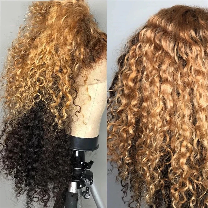 

Preplucked Long Ombre Blond 180%Density 26Inch Kinky Curly Lace Front Wig For Women Baby Hair Heat Resistant Glueless Daily