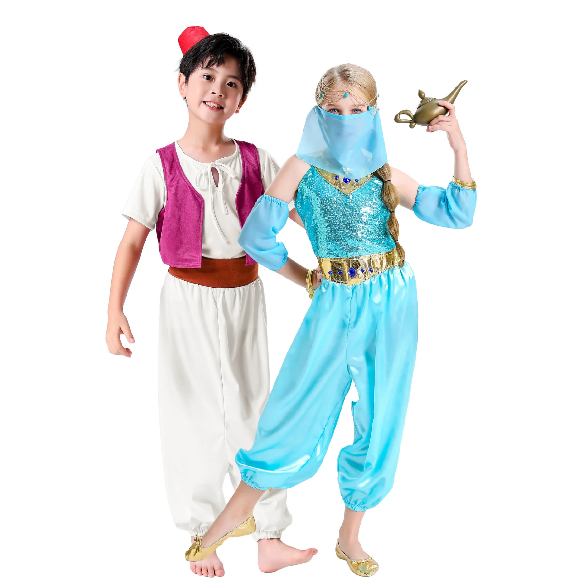 Aladdin Divine Lamp Prince and Jasmine Princess Cosplay Derss For Kids Western Region Masked Dancer Girls Boys Halloween Costume