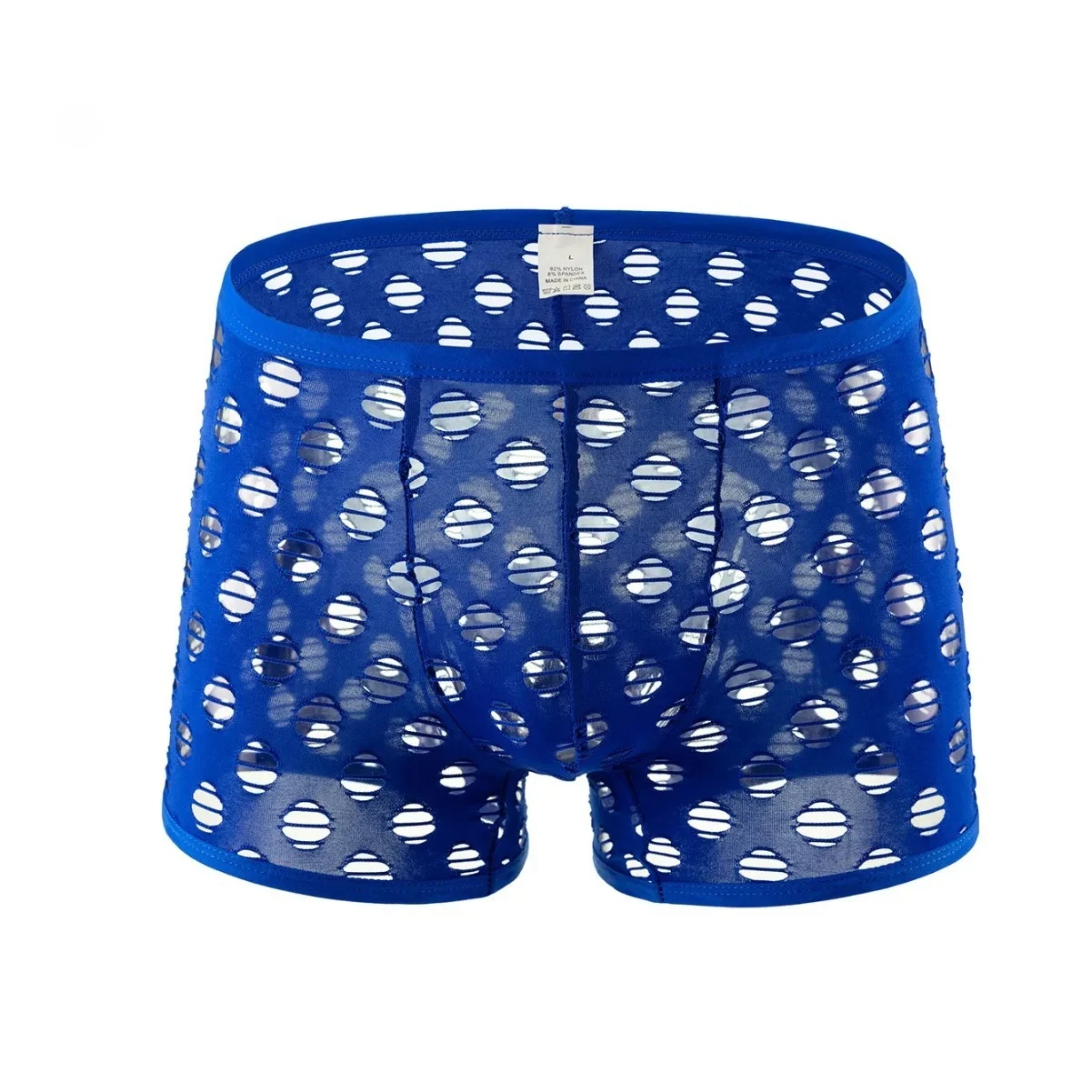 Men's Sexy Hole-Pattern Boxer Briefs Solid Blue Breathable Mesh Sheer Low-Rise U Convex Pouch Comfortable Transparent Underwear