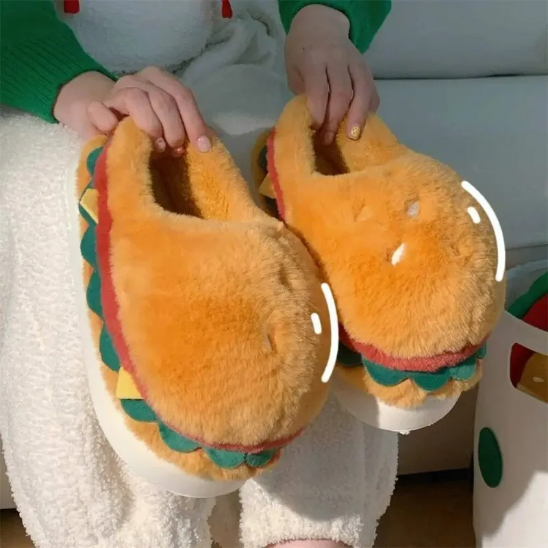 

Women Winter Warm Slippers Cute Cartoon Hamburger Home Floor Platform Shoes Thick Sole Soft Plush Girls Indoor Fluffy Slipper