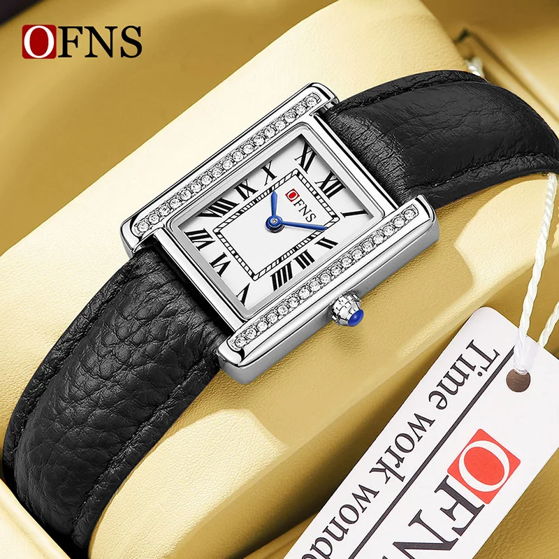 OFNS-Montre-bracelet rectangulaire en cuir et acier inoxydable pour hommes et femmes, montres-bracelets à quartz pour couple, diamant de luxe, cadeau pour fille, 1509, 1520