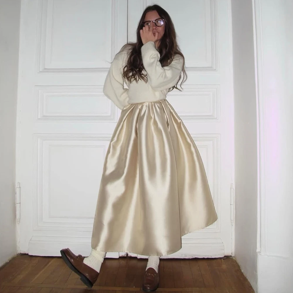 

Pretty Champagne Midi Skirt Custom Made Pleated Silk Satin Women High Street Long Skirt 2025 New Female Evening Party Skirts