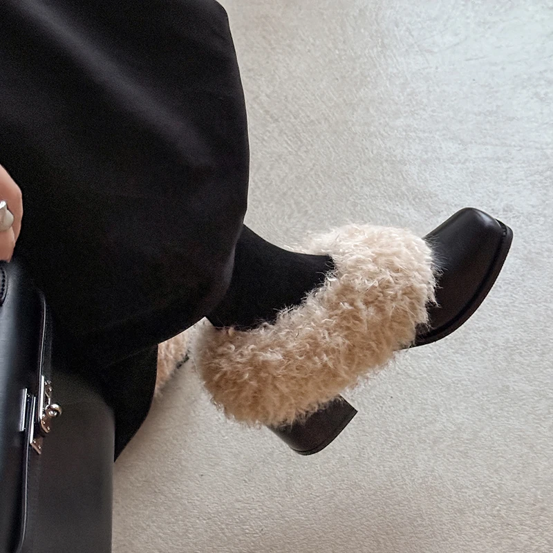 

French Vintage Autumn Winter New Genuine Leather Wool Fur Ankle Pumps Women Square Toe Slip on High Heel Warm Plush Fluffy Shoes