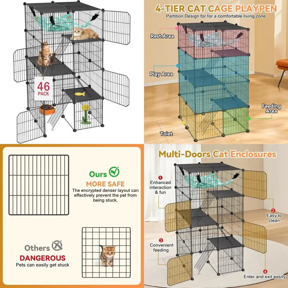 

4-Tier Modular Cat Enclosure: Indoor/Outdoor Playpen with Hammock for 1-3 Cats, 2x2x4 Exercise Area