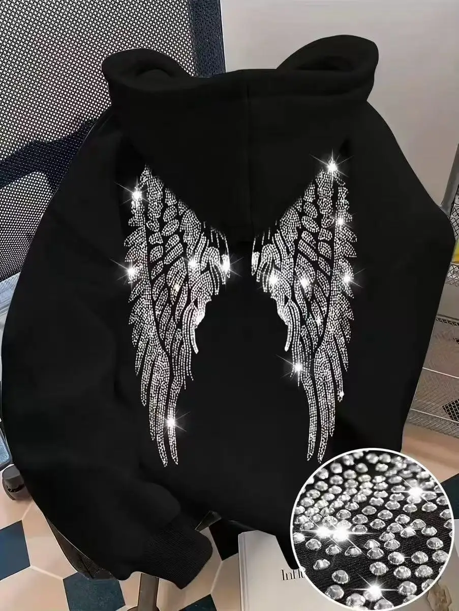2026 New Trendy Simple Design Wings Hot Diamond Hoodie Casual Loose Women's Hoodie Hoodie Hoodie Jacket