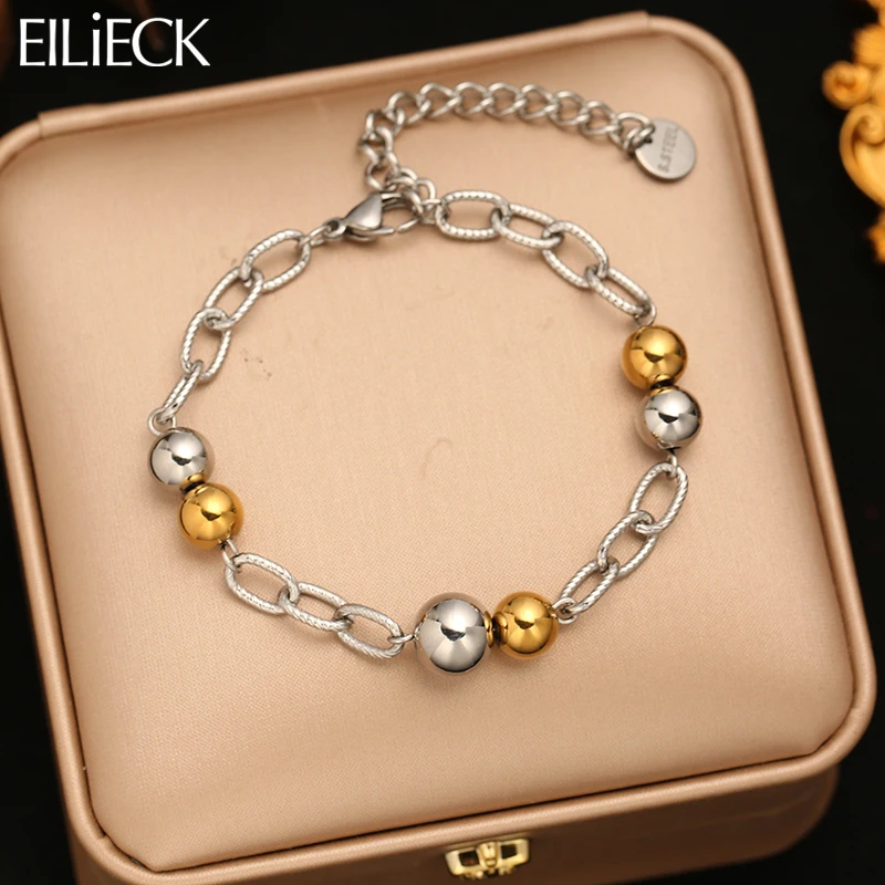 EILIECK 316L Stainless Steel Beads Link Chain Bracelet Bangles For Women Daily Wear Trendy Wrist Chain Waterproof Jewelry Gift