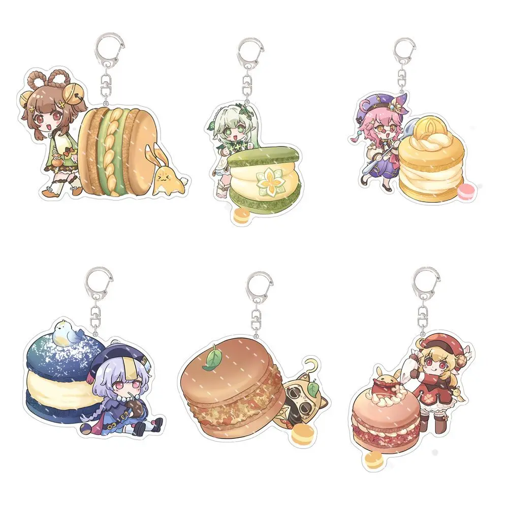 Macaron Nahida Qiqi Anime KeyChain Sigewinne Men Key Chain for Women Creative Kawaii Figure Cosplay Acrylic Keyring Pendant Gift