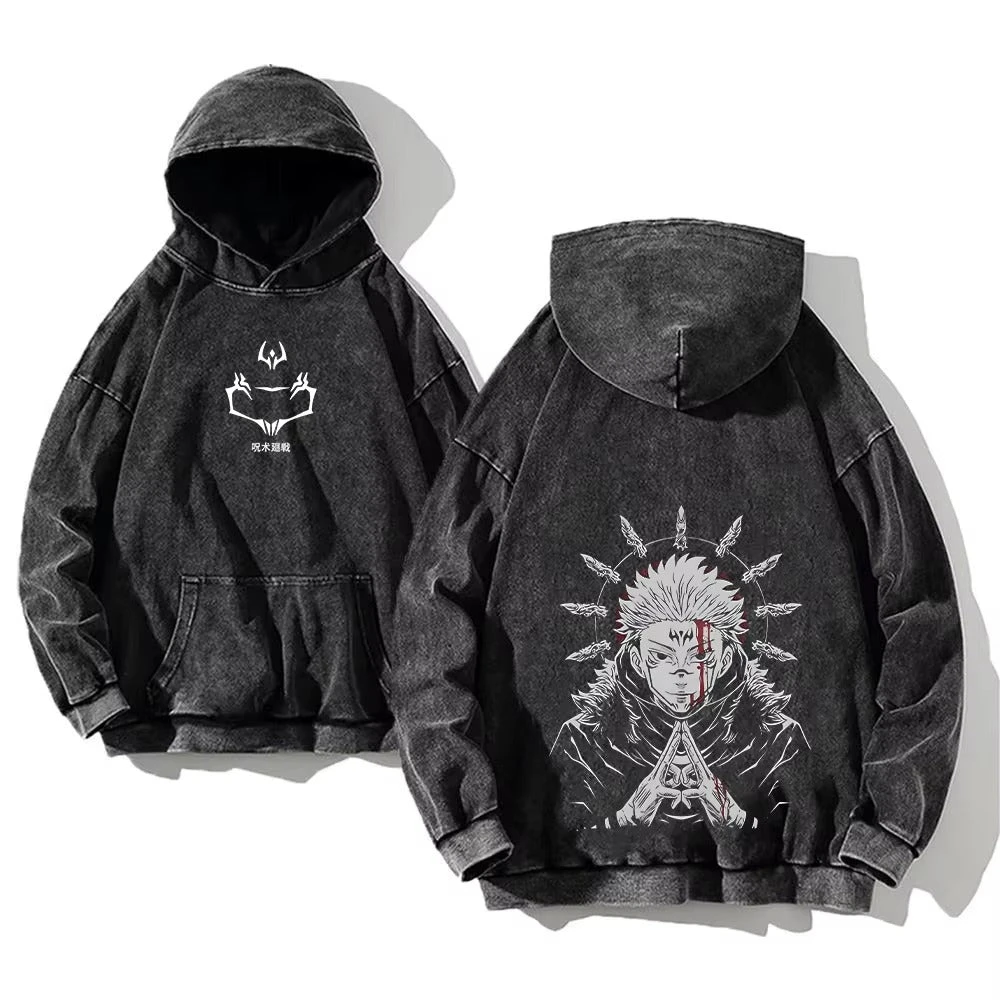 Japanese Anime Jujutsu Kaisen Print Hooded Pullover Men Hip Hop Sweatshirt Vintage Hoodie Harajuku Cotton Sweatshirts