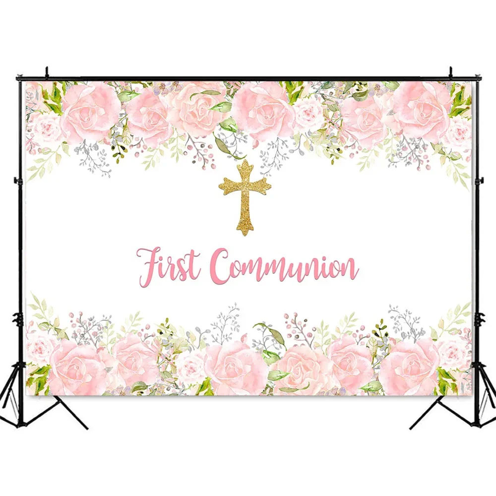 Fondo de primera comunión para cumpleaños, flores de acuarela rosa, suministros de decoración para fiesta de Baby Shower, pancarta de mesa de postre
