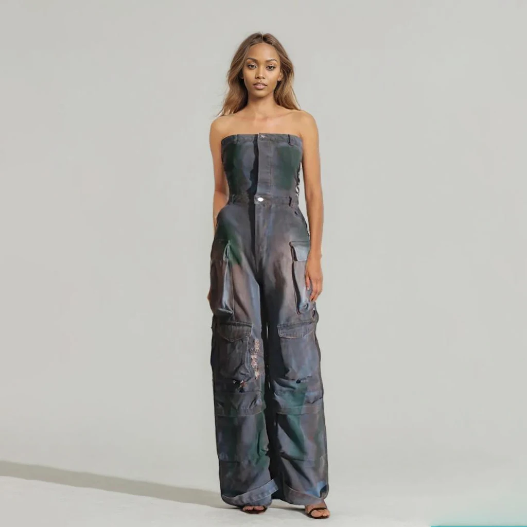 

Casual Colorblock Printing Jumpsuits For Women Strapless Sleeveless High Waist Patchwork Pockets Jumpsuit Female Fashion New