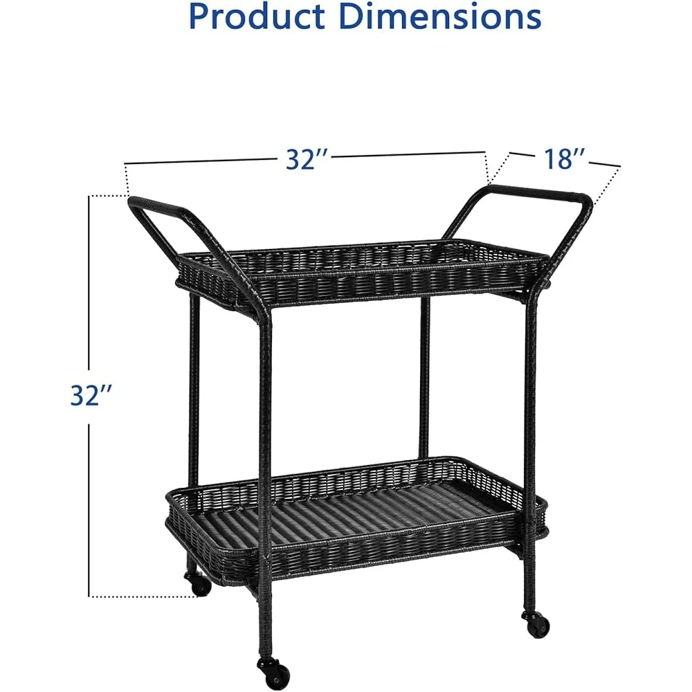 Wicker Patio Serving Cart Steel Frame Durable Outdoor Rolling Cart All Weather Synthetic Resin Wicker Easy Clean Simple Assembly