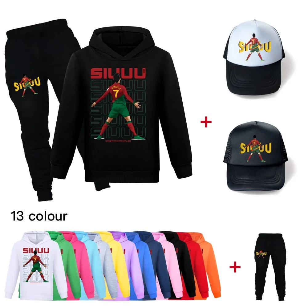 Football idol star CR7 Hoodie Casual Coats Girls Sweatshirt Boys Long Sleeve Clothes Kids Outwear Hoodies+pants+sunhat 3pcs sets