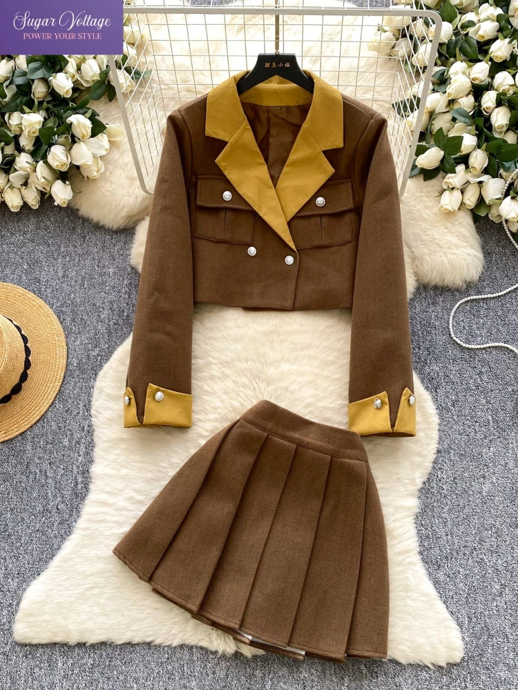 

Vintage College Style Two-Piece Set Women Contrast Lapel Short Blazer + High-Waist Pleated Skirt Retro Double-Breasted Outfit