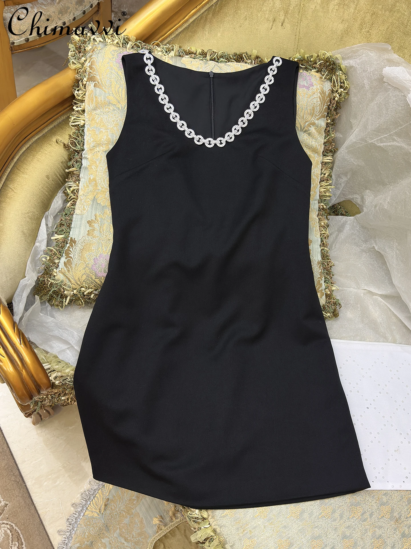 

2025 Autumn Clothes New Heavy Diamond French Sleeveless Black Dress Fashionable Elegant Slim Party Short Women's Dresses