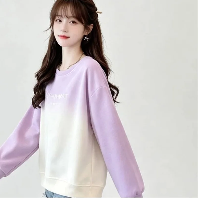 Women Gradient Crew Neck Sweatshirt Korean Style Loose Casual Daily Top