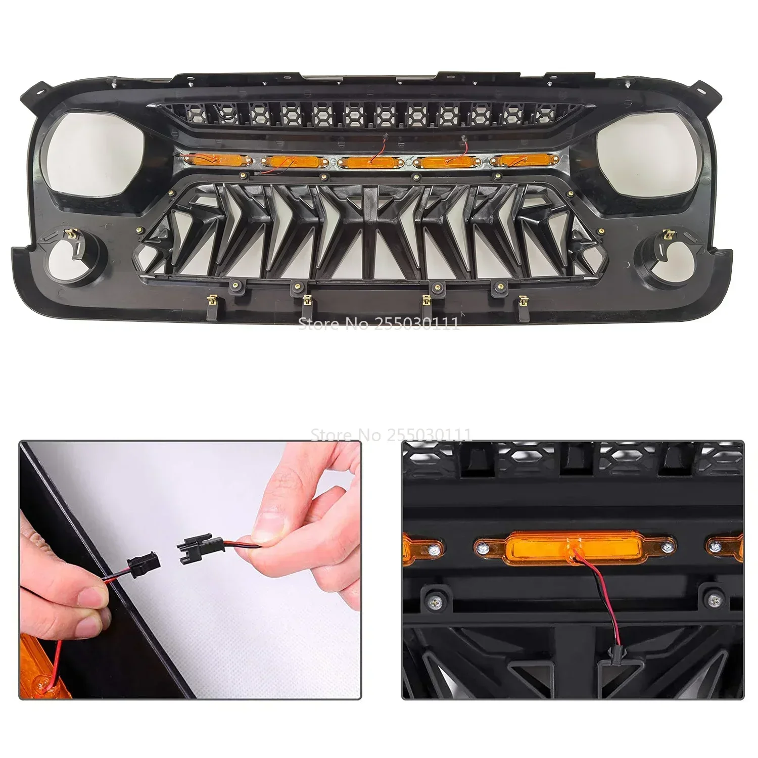 J394 Front Grill With Light LED Black ABS Racing Grills Bumper Grid Black Mask Cover For Jeep Wrangler JK 07-17