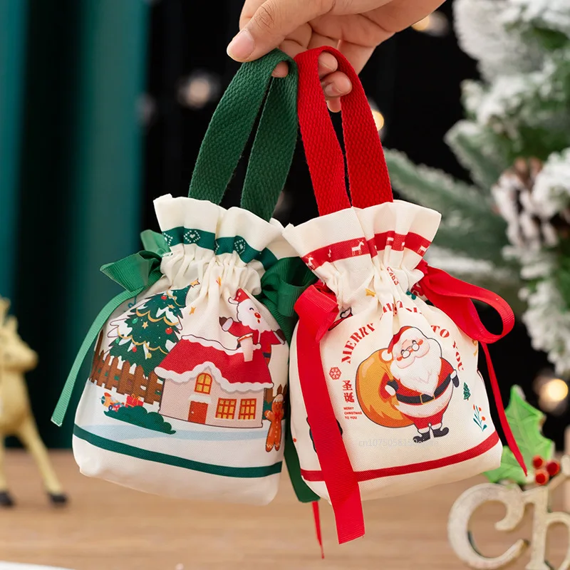 Christmas Gift Bag Candy Storage Bag Xmas Gifts Storage Embroidered Christmas Drawstring Canvas Eve Apple Bag Draw String Bags