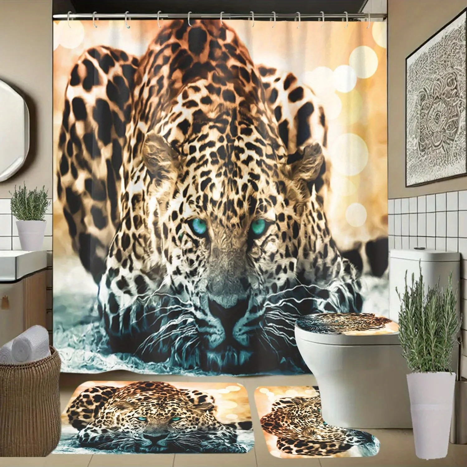 

Leopard, Blue Eyes, Water Pattern Shower Curtain with Hooks, Bathroom Partition Curtain, Bathroom Accessories, All-Season Elegan