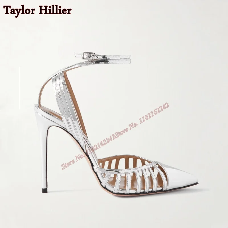 Shiny Leather Pointed Toe High Heels Pointed Stiletto Buckle Strap Silver Sandals Women Fashion Dinner Wedding High Heels Women