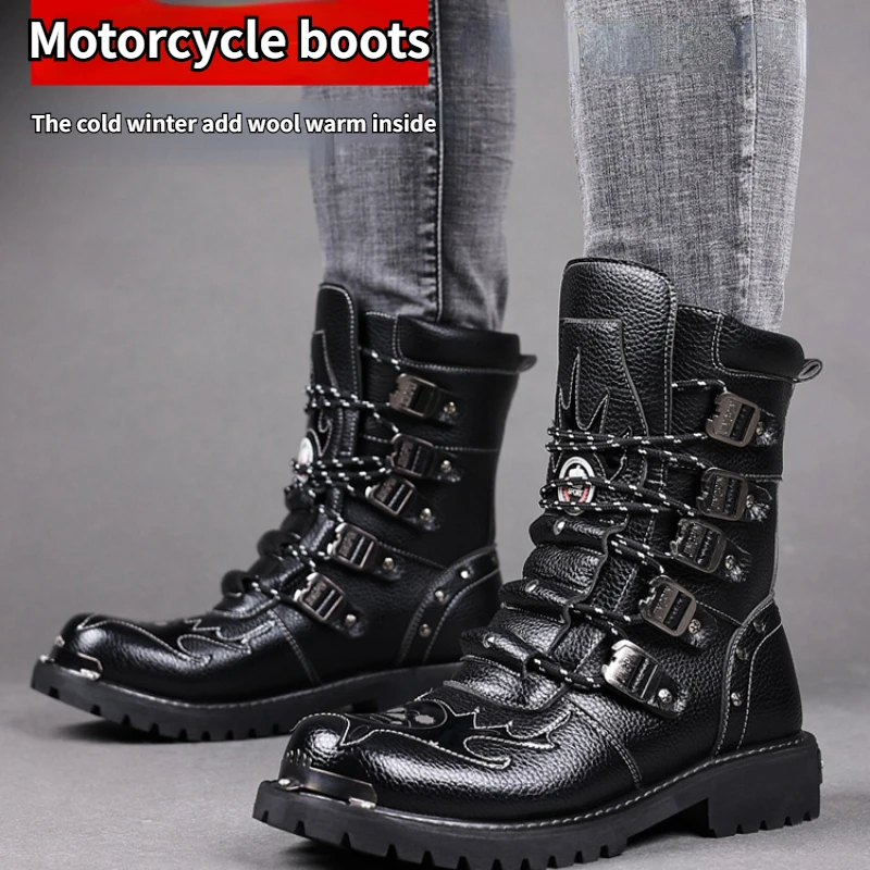 

High Top Men Boots Fashion Motorcycle Boots Outdoor Walking Shoes Lace Up Wear-Resisting Casual Boots