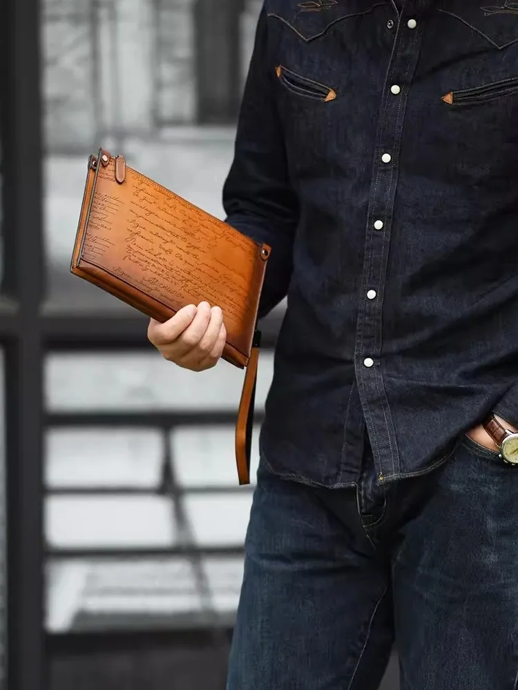 Saco de embreagem de couro genuíno masculino, bolsa envelope, titular do cartão com zíper, carta impressa sacos vintage, sacos de trabalho empresarial, saco de banquete, novo