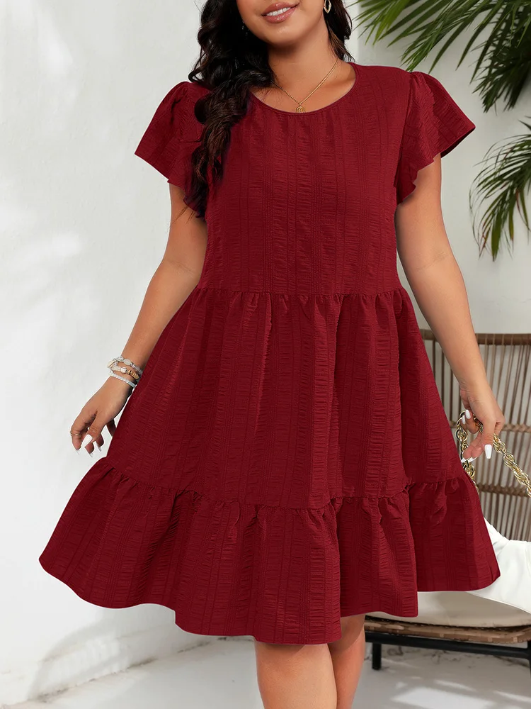 GIBSIE Plus Size Solid Round Neck Butterfly Sleeve A-Line Dress Summer Women Vacation Casual Ruffle Hem Short Dresses 2024 New