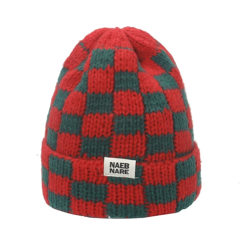 

Korean-style chunky oversized knit hat with thickened quilted checkered pattern, unisex for autumn/winter
