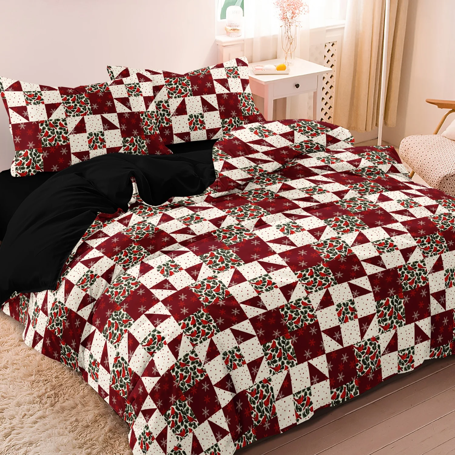 3Pcs Patchwork Christmas Holly Duvet Cover Set, Red White Style Xmas Holly Leaf Snowflake Geometric Pattern Bedding