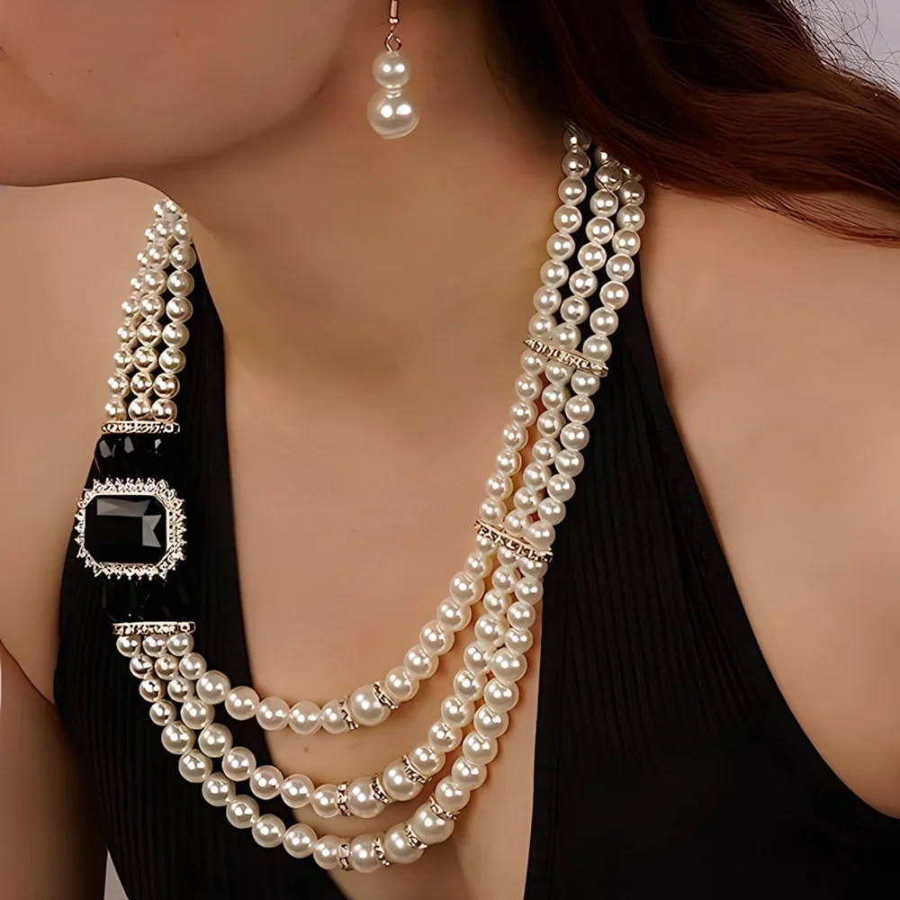 Bridal Wedding Jewelry Set 2024 Trendy Elegant Multi layer Imitation Pearl Square Glass Crystal Necklace and Earrings