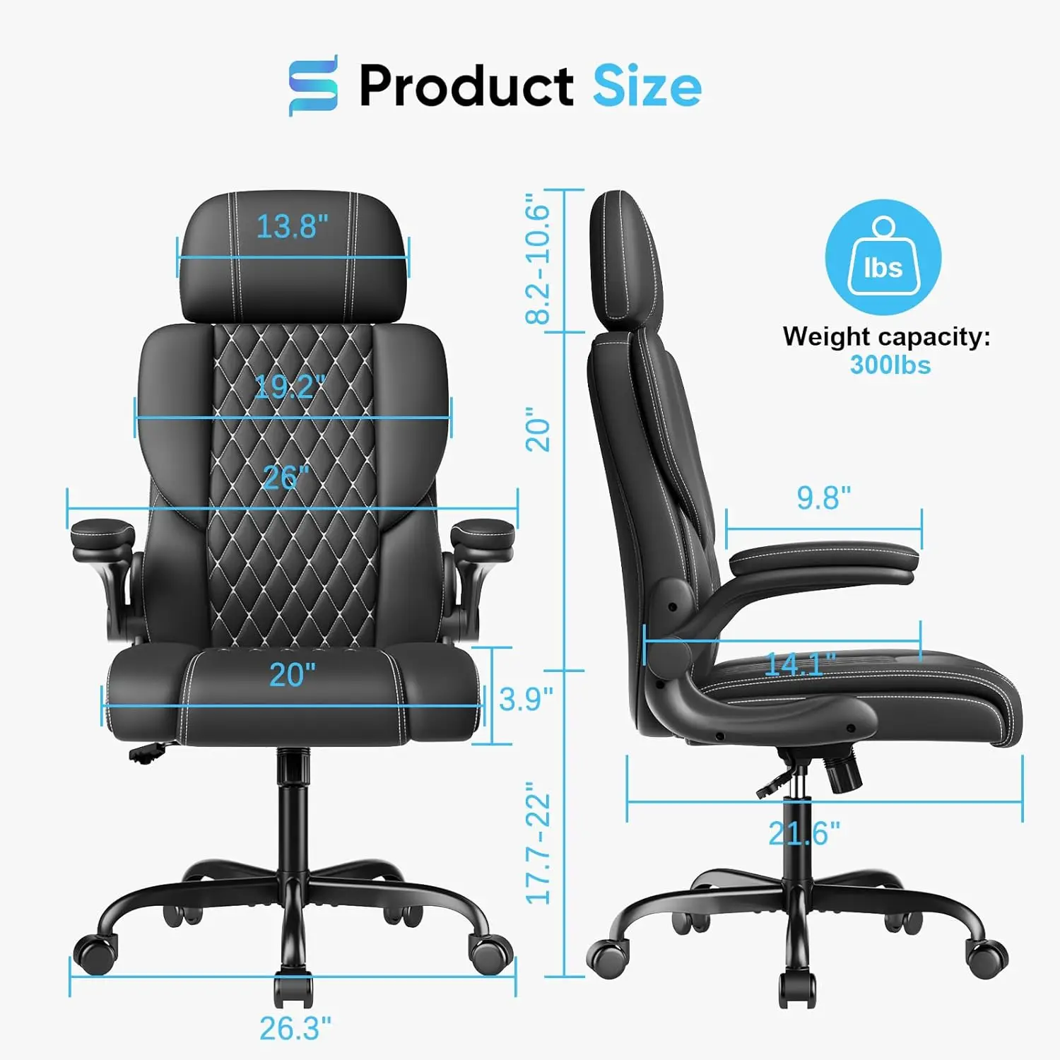 Executive Leather Office Chair, Comfy Desk Chair with Adjustable Headrest & Flip-up Padded Arms & Lumbar Support, Adjustable Hig