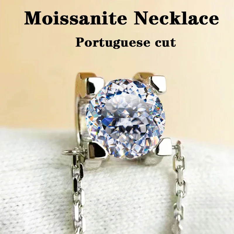 

Moissanite Stone Women 925 Sterling Silver Portuguese Cut Round Moissanite Necklace 1CT D Color Gemstone Solitaire Pendant Fine