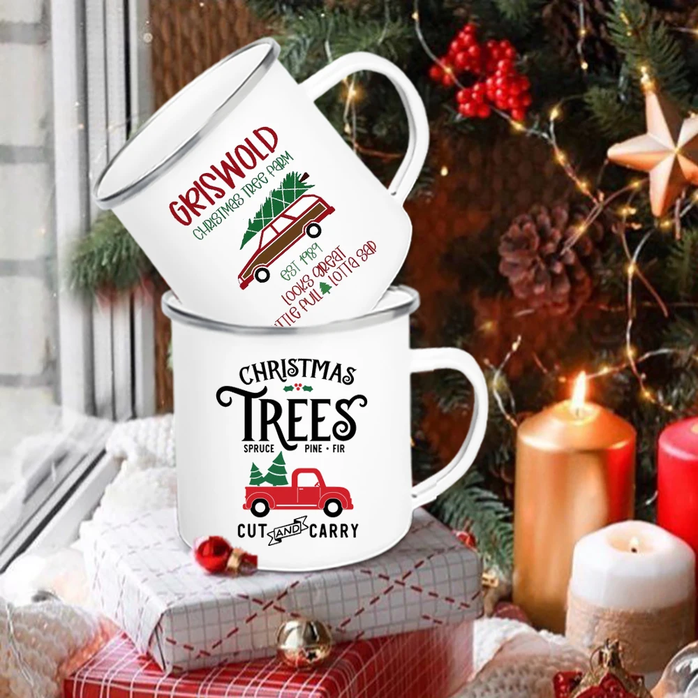 Christmas Tree Truck Print Enamel Coffee Cups Handle milk Juice Drink Mug Festive Party Table Decoration Christmas Birthday Gift