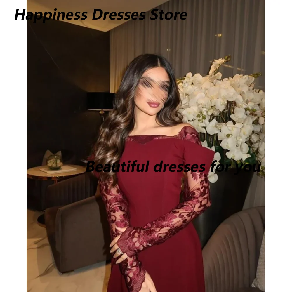 

Burgundy Evening Dress Customized Boat Neck Lace Applique Long Sleeves Formal Gown Off Shoulder A Line Floor Length Evening Gown