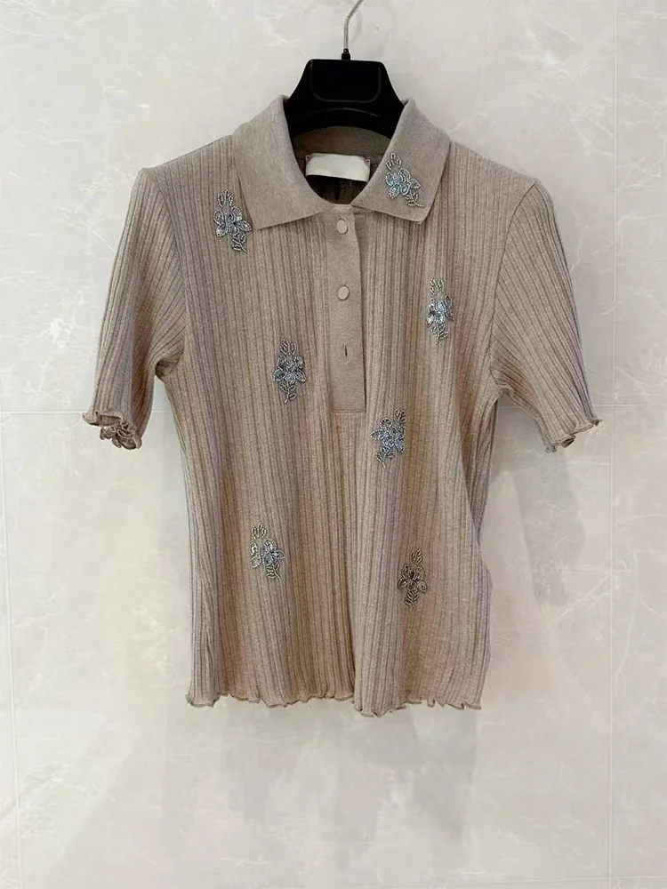 

Chic Versatile Beaded Shiny Sequin Flower Wooden Short Sleeve Apricot Knitwear Short Sleeve T Women's Fashion