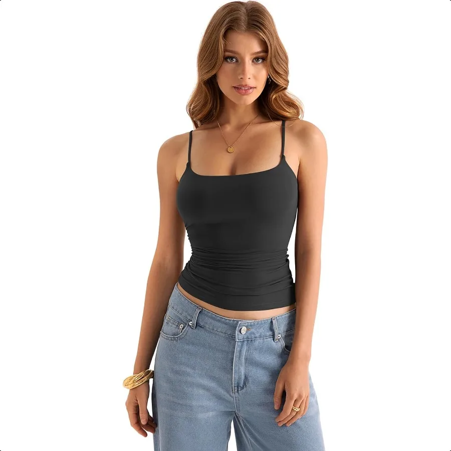 สตรี Double Lined Square คอเสื้อสปาเก็ตตี้ปรับได้ Camisole Y2K Going Out Cami เสื้อ