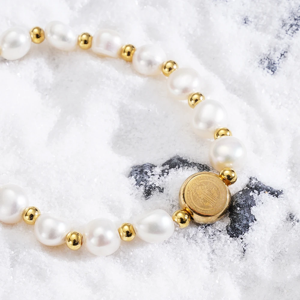 الفولاذ المقاوم للصدأ سان بينيتو سوار اللؤلؤ الطبيعي سوار للنساء الذهب معدن St بنديكت ميدالية سوار الدين مجوهرات #5