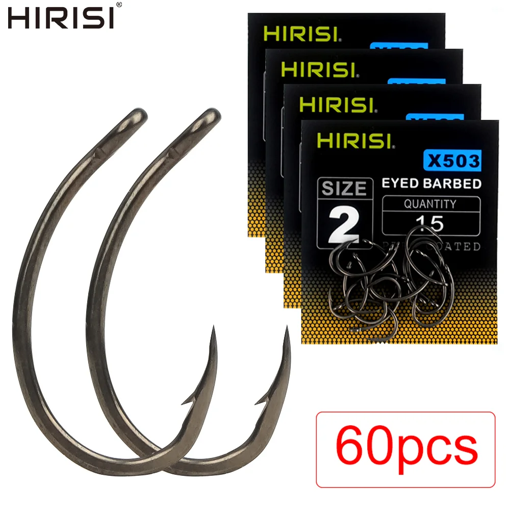 Hirisi 60 Stück PTFE-beschichtete Hochkarbon-Edelstahl Widerhakenlose Angelhaken mit Öse X503 Angelzubehör